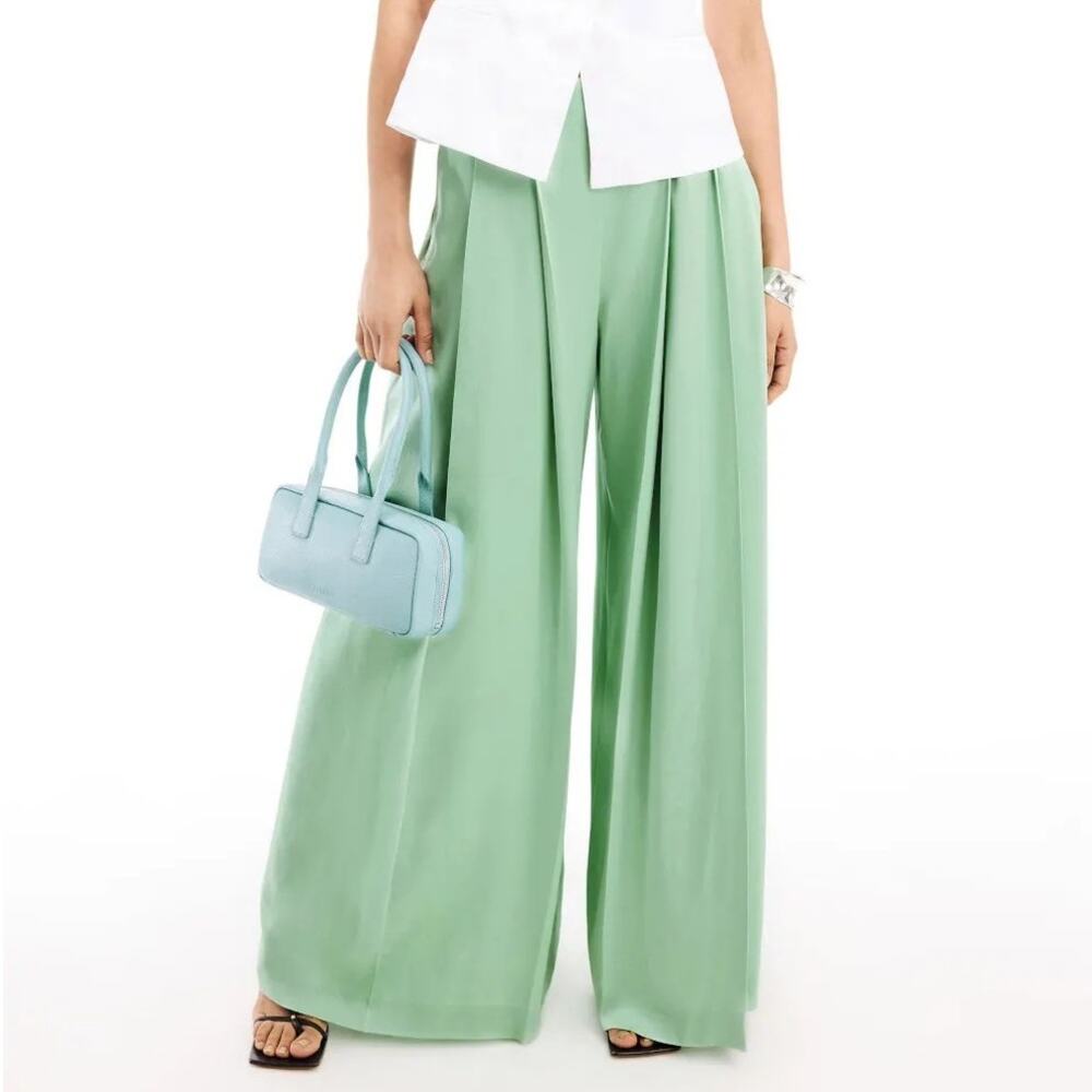 Boss Tetosta Trousers Relaxed Tailored Fit Pleated Wide Leg Pants Satin Green 10 - Picture 1 of 11